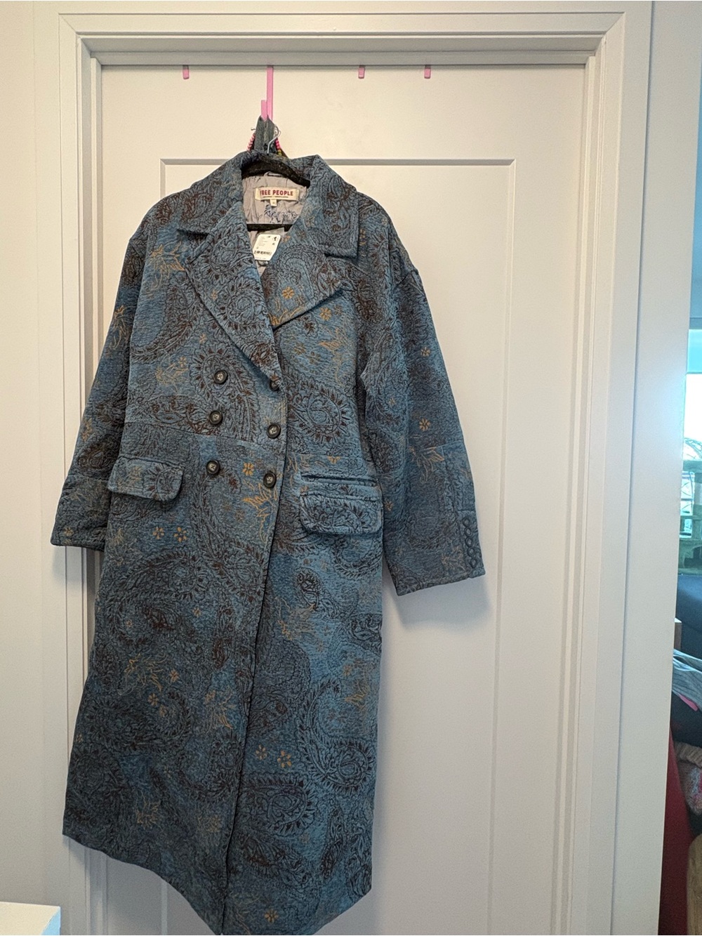 Free People Blue Paisley Double-Breasted Long Coat